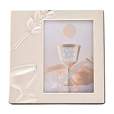 Square cream photo frame with silverplated chalice and wheat sprig design along the left edge, holding a 5 x 3.5in portrait photo on a white background.