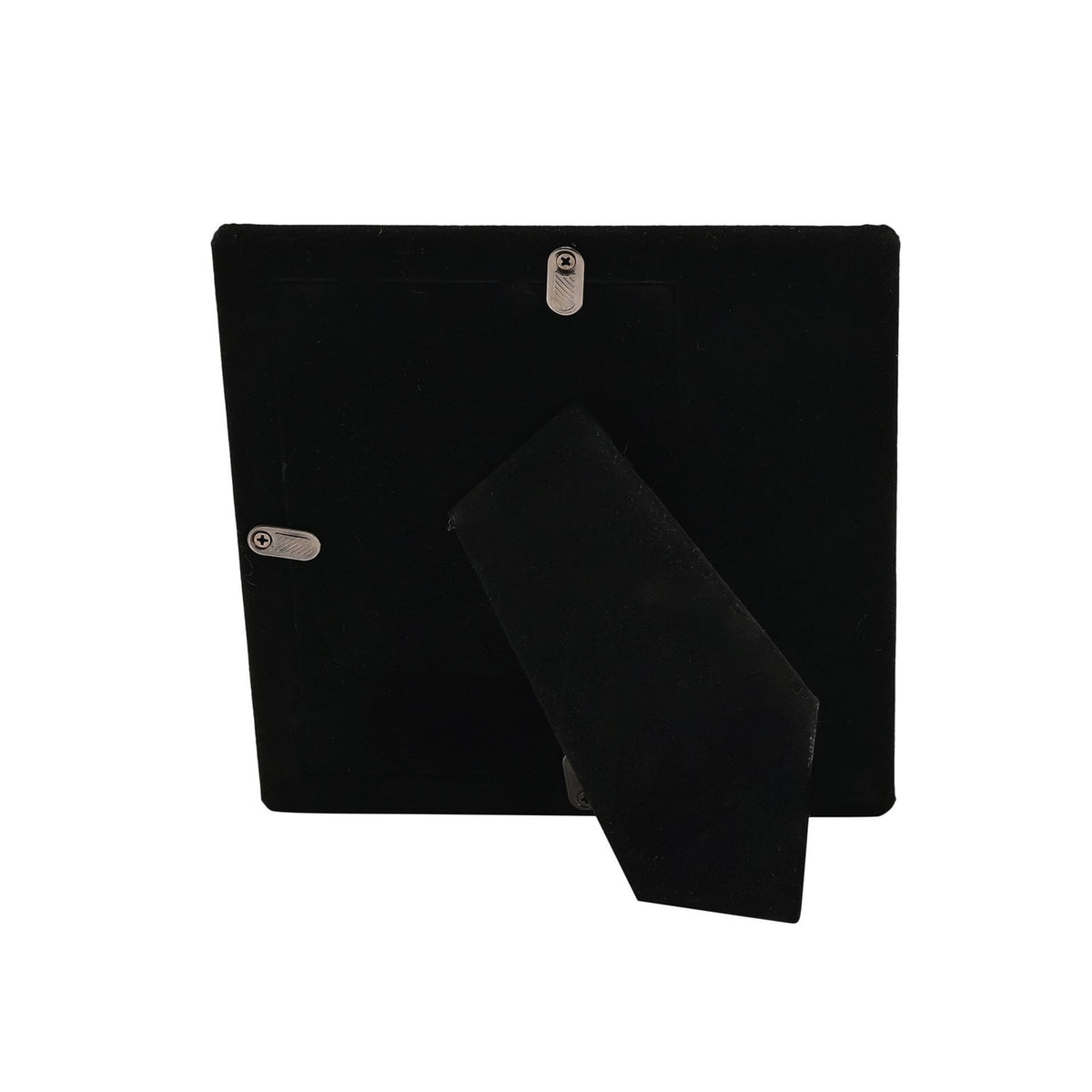 Back view of the Chalice and Wheat Silverplated Photo Frame, showing black velvet backing with an integrated fold-out stand and two sawtooth hangers, on a plain white background.