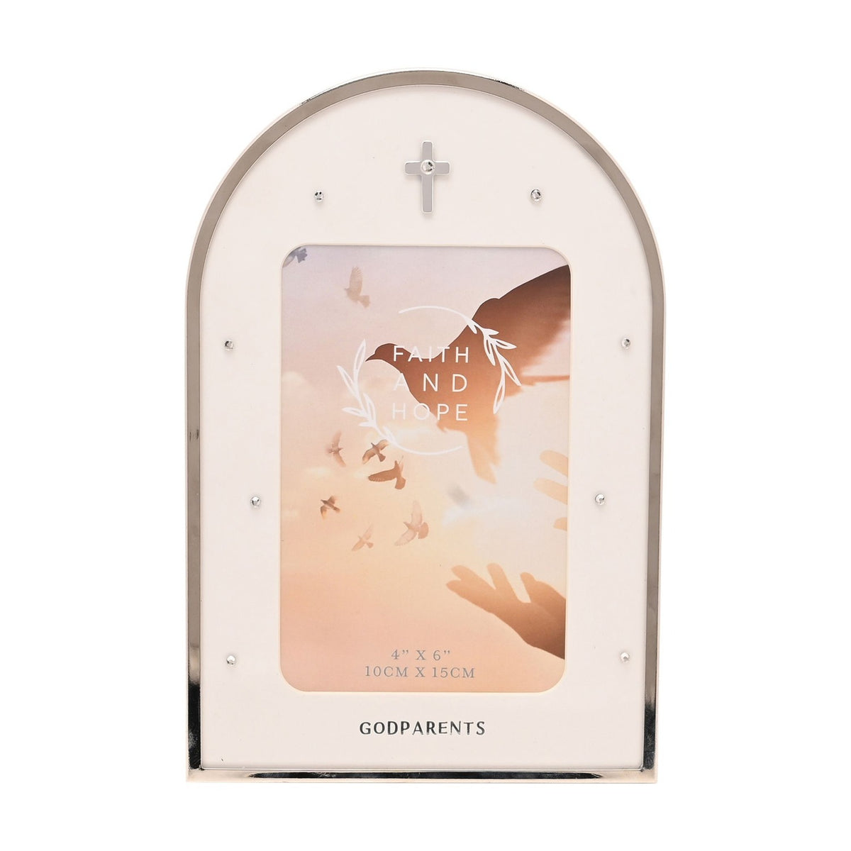 Godparents Cross Arch Photo Frame 6 x 4in - Silver & White