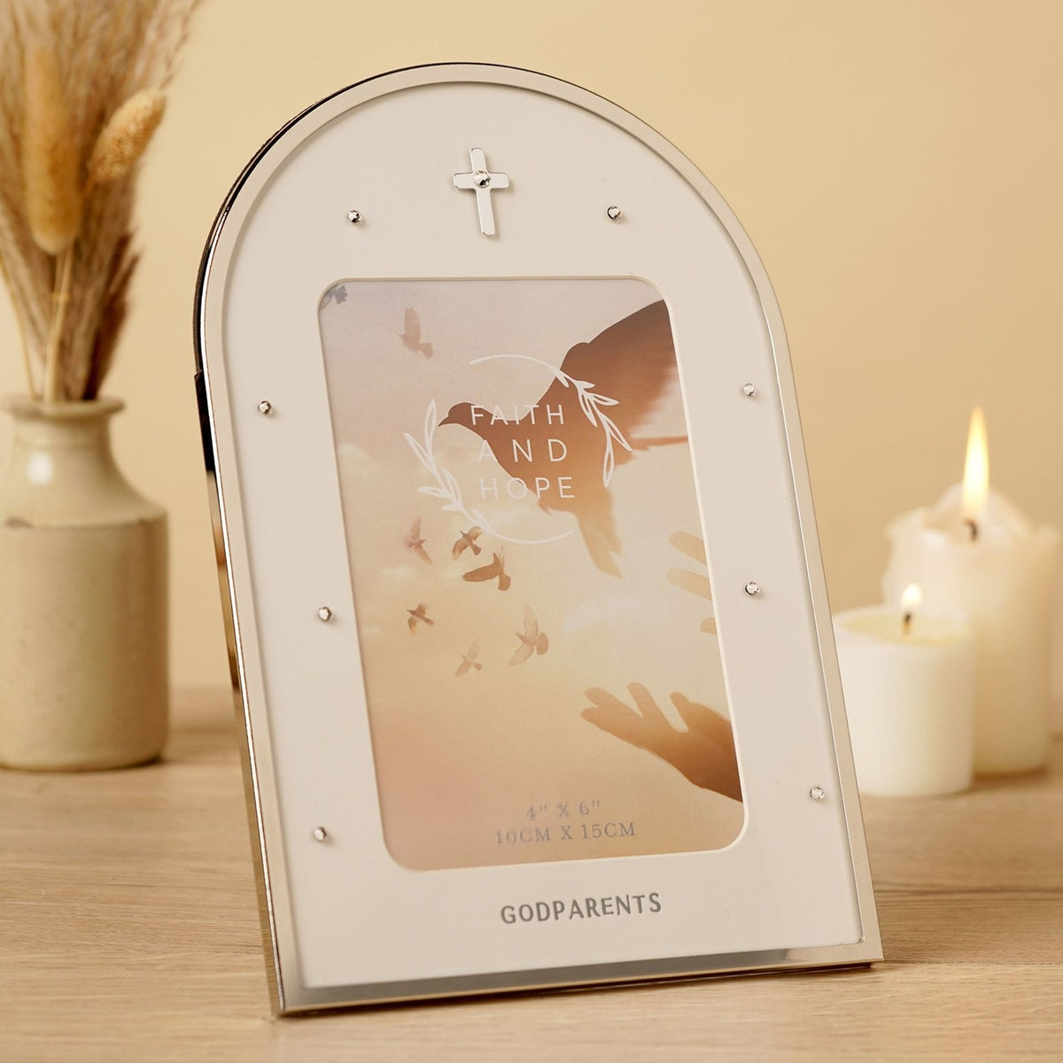 Godparents Cross Arch Photo Frame 6 x 4in - Silver & White