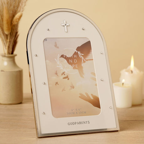 Godparents Cross Arch Photo Frame 6 x 4in - Silver & White