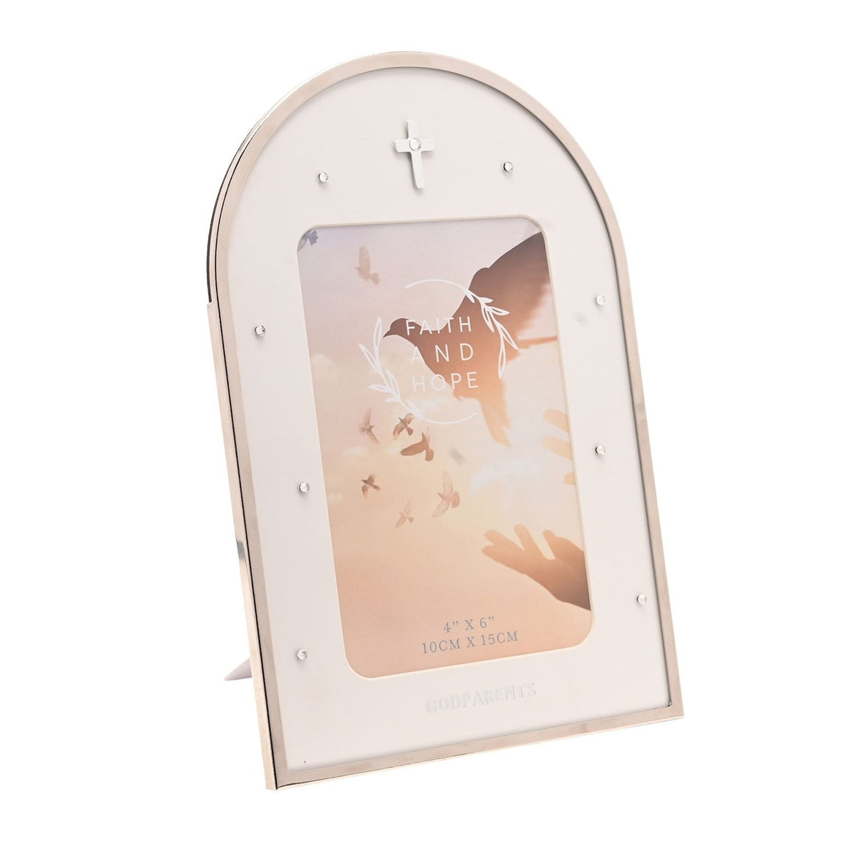 Godparents Cross Arch Photo Frame 6 x 4in - Silver & White