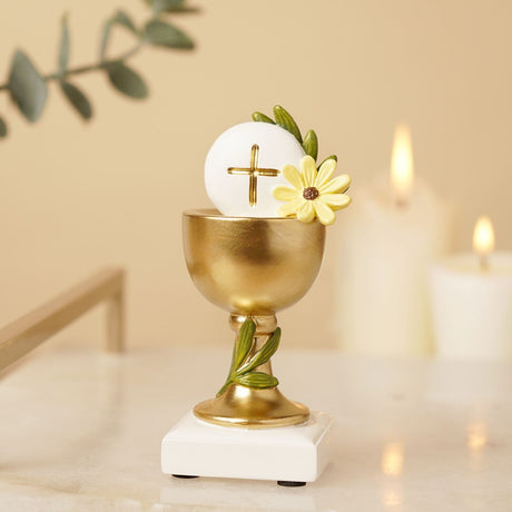 Resin Chalice Figurine with Host and Flower - Gold & White