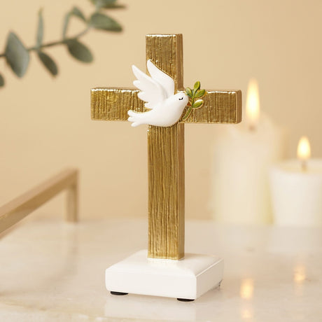 Dove and Olive Branch Cross Resin Figurine - Gold & White
