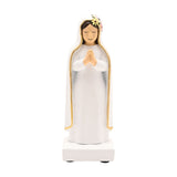 Praying Mary resin figurine on a white square base, white robe and veil with gold trim, hands clasped in prayer and flowers in her hair, shown on a plain white background.