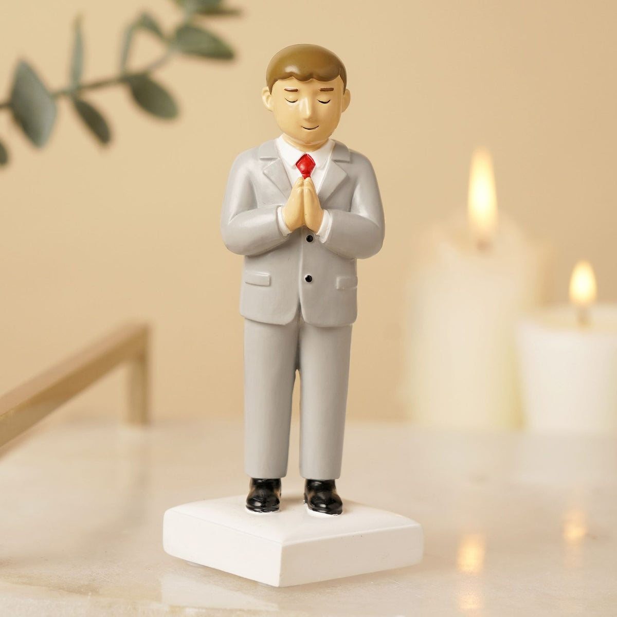 Communion Boy Resin Figurine with Brown Hair - Grey & White