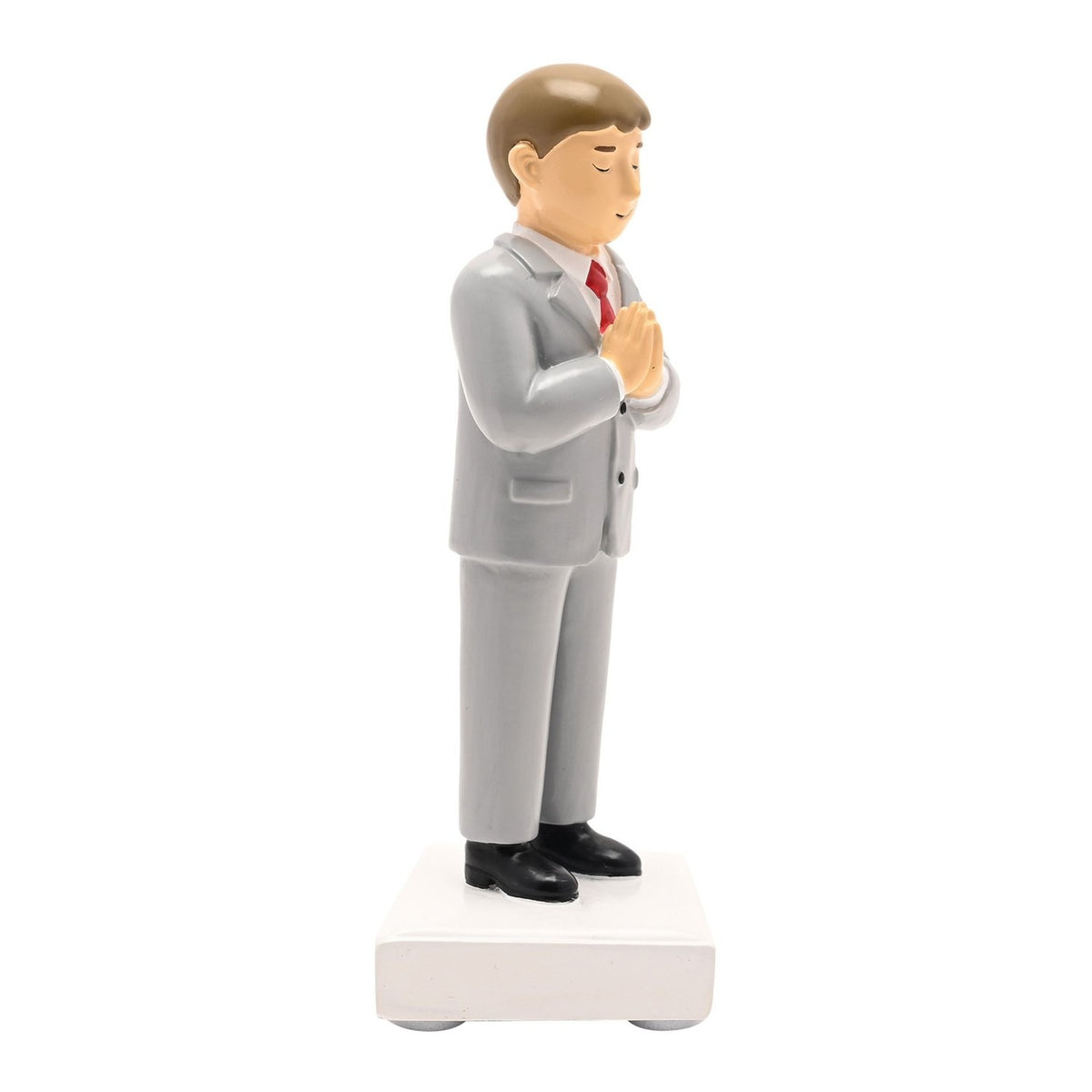 Communion Boy Resin Figurine with Brown Hair - Grey & White
