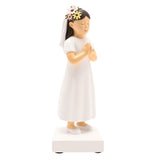 Communion Girl Figurine in resin with dark brown hair, white dress and veil, flower crown, hands clasped in prayer, on a white square base against a plain background.