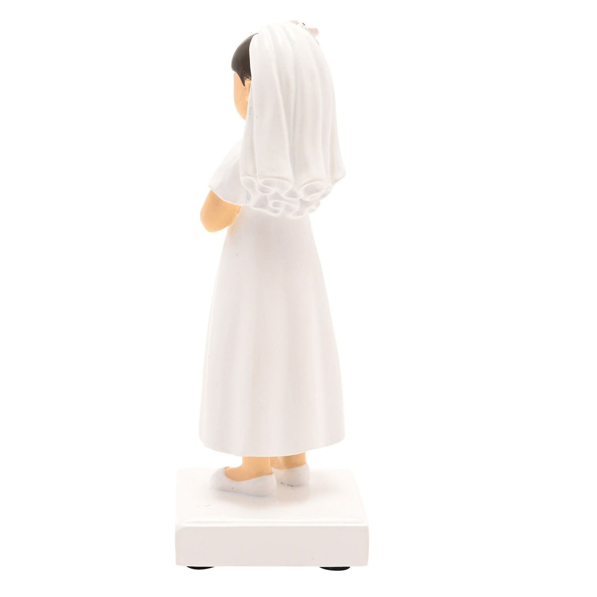 Communion Girl Figurine in resin, rear view showing dark brown hair, white veil cascading down her back, white dress, and white shoes on a square base, set against a plain white background.