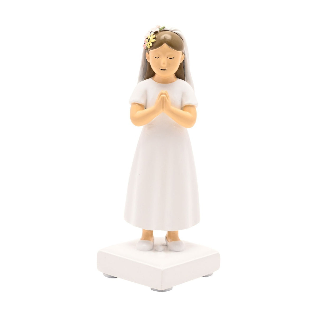 Resin Communion girl figurine with light brown hair, praying hands, white dress and veil, floral crown, standing on a white square base against a plain white background.