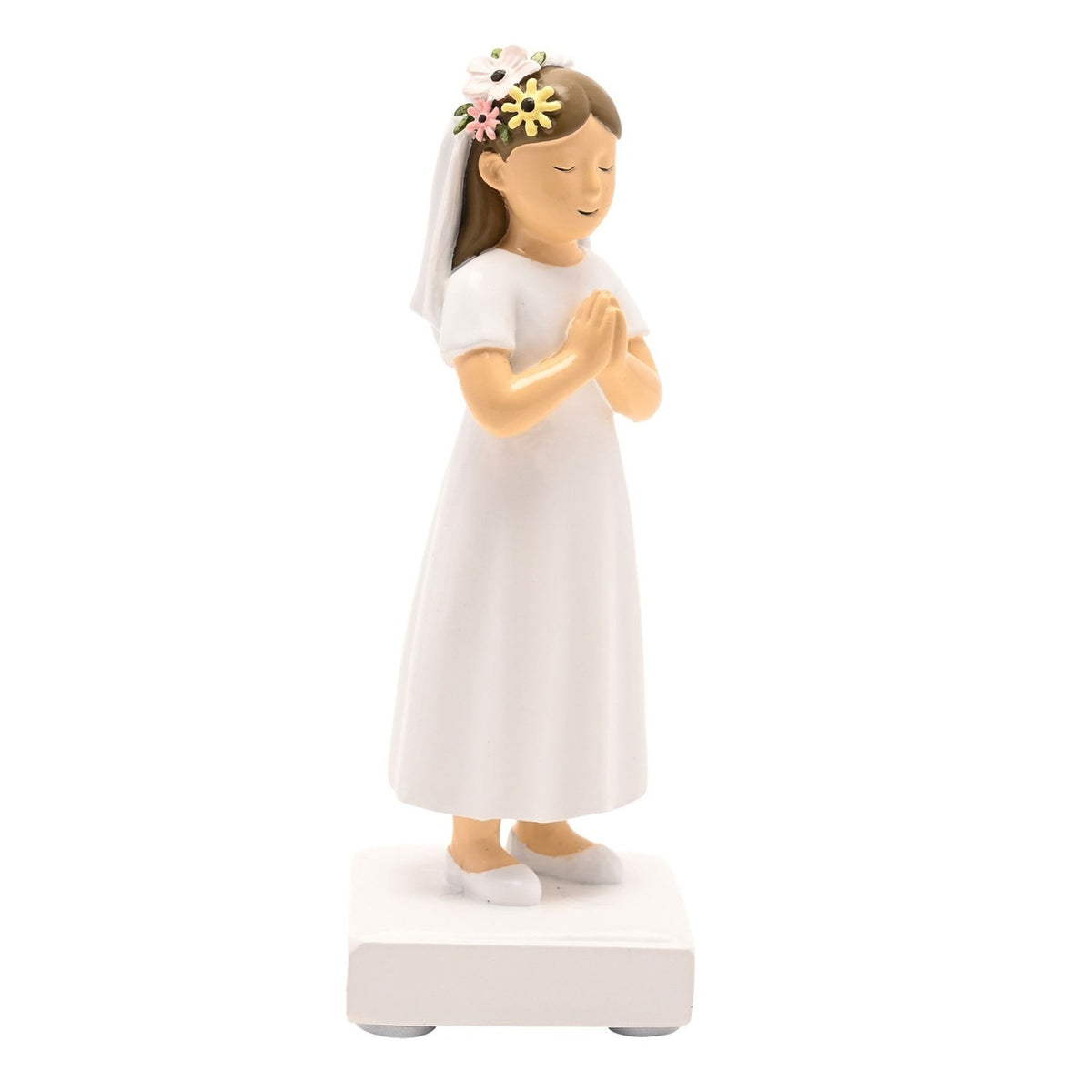 Resin Communion girl figurine in a white dress with puffed sleeves, hands clasped in prayer, light brown hair under a white veil with a floral crown, on a white base against a plain background.