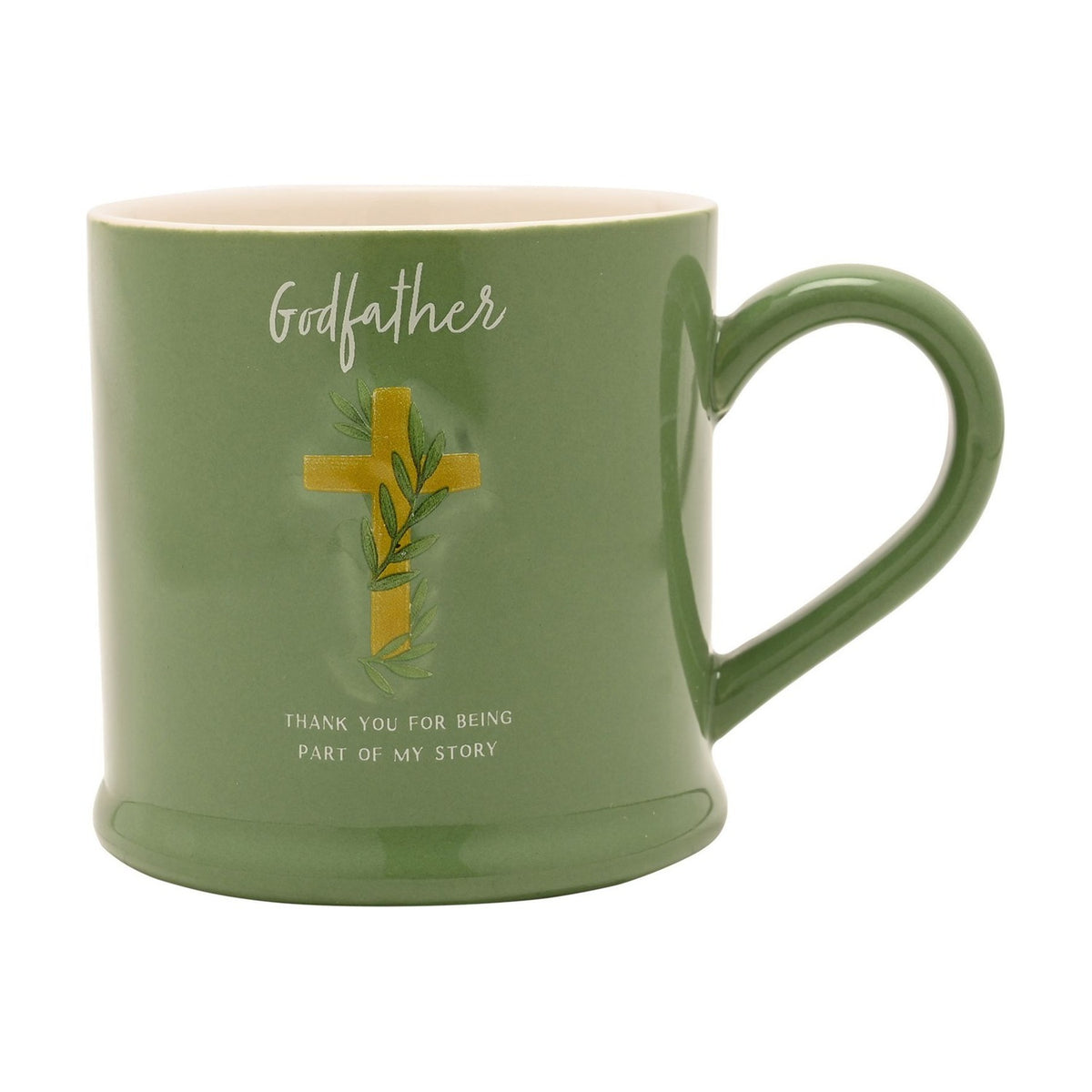 Green stoneware mug with cream interior, featuring a gold cross entwined with leaves, "Godfather" in white script, and "Thank You For Being Part Of My Story" text, shown on a plain white background.