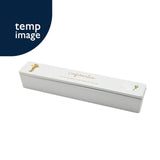 White ceramic rectangular keepsake box with hinged lid, featuring gold "Confirmation" script text, a gold cross with leaves, and a dove motif, set on a plain background.