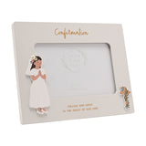Off white wooden Confirmation photo frame for a 6x4in photo, with gold script title, a girl figure in a white dress and veil, a cross detail, and gold verse text.