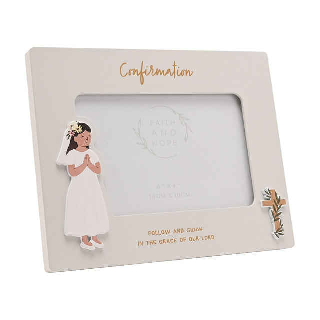 Off white wooden Confirmation photo frame for a 6x4in photo, with gold script title, a girl figure in a white dress and veil, a cross detail, and gold verse text.
