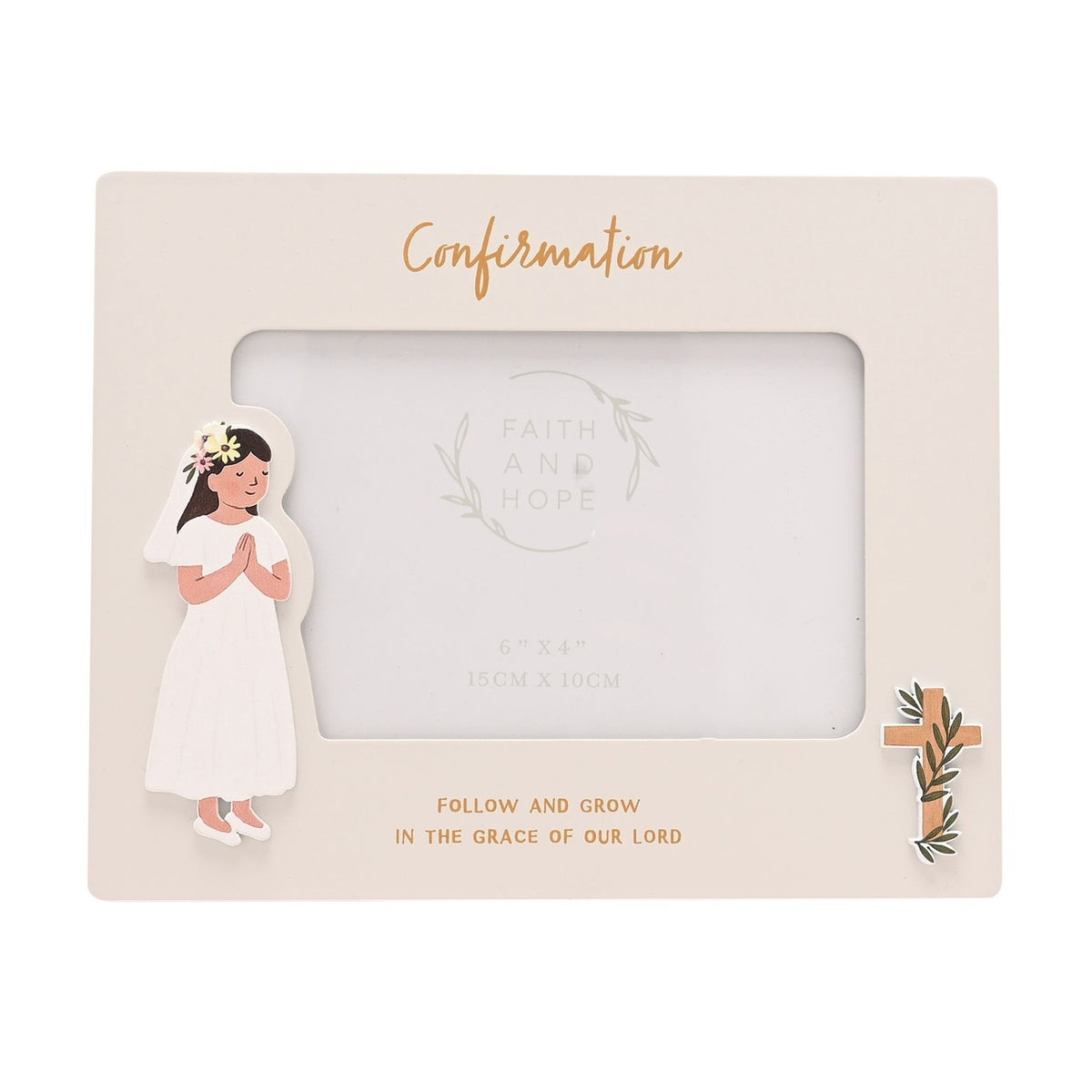 Off white wooden 6x4in Confirmation photo frame with gold script, a raised girl figure in a white dress on the left and a small cross with foliage on the right.