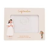 Off white wooden 6x4in Confirmation photo frame with gold script, a raised girl figure in a white dress on the left and a small cross with foliage on the right.