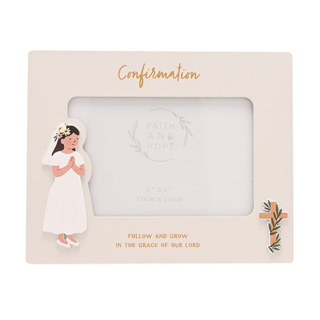 Off white wooden 6x4in Confirmation photo frame with gold script, a raised girl figure in a white dress on the left and a small cross with foliage on the right.
