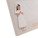 Close-up of the Confirmation Girl Wooden Photo Frame in off white, showing a raised figure of a girl in a white dress with hands clasped in prayer and gold text reading "FOLLOW AND...IN THE GRACE OF".