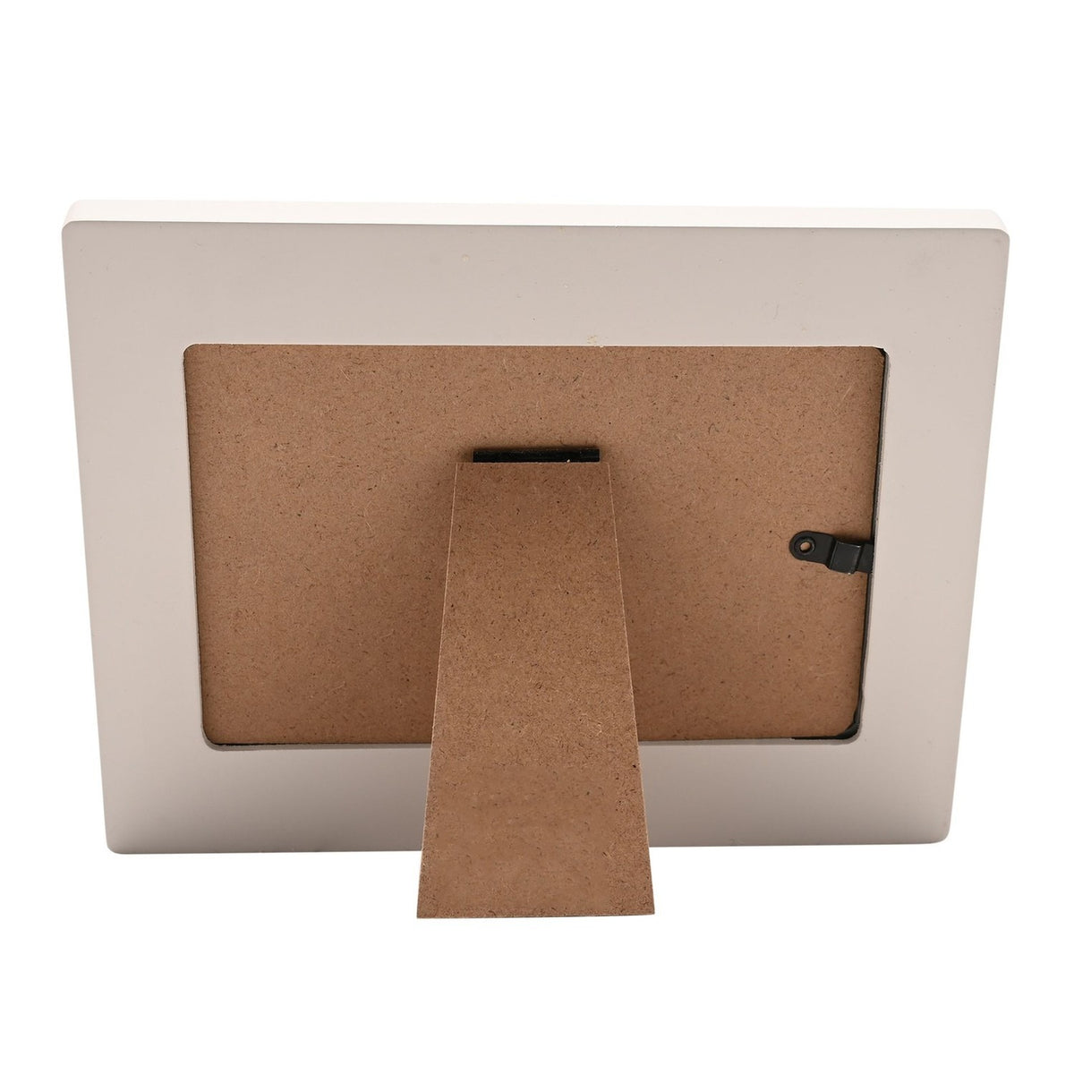 Back view of the Confirmation Girl Wooden Photo Frame 6 x 4in in off white, showing the kraft-board back panel, fold-out easel stand, and hinged closure on a plain white background.