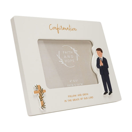 Off white wooden Confirmation photo frame for a 4x6in photo, with gold script title, raised boy figure in a black suit, small cross detail, and verse text, shown on a white background.