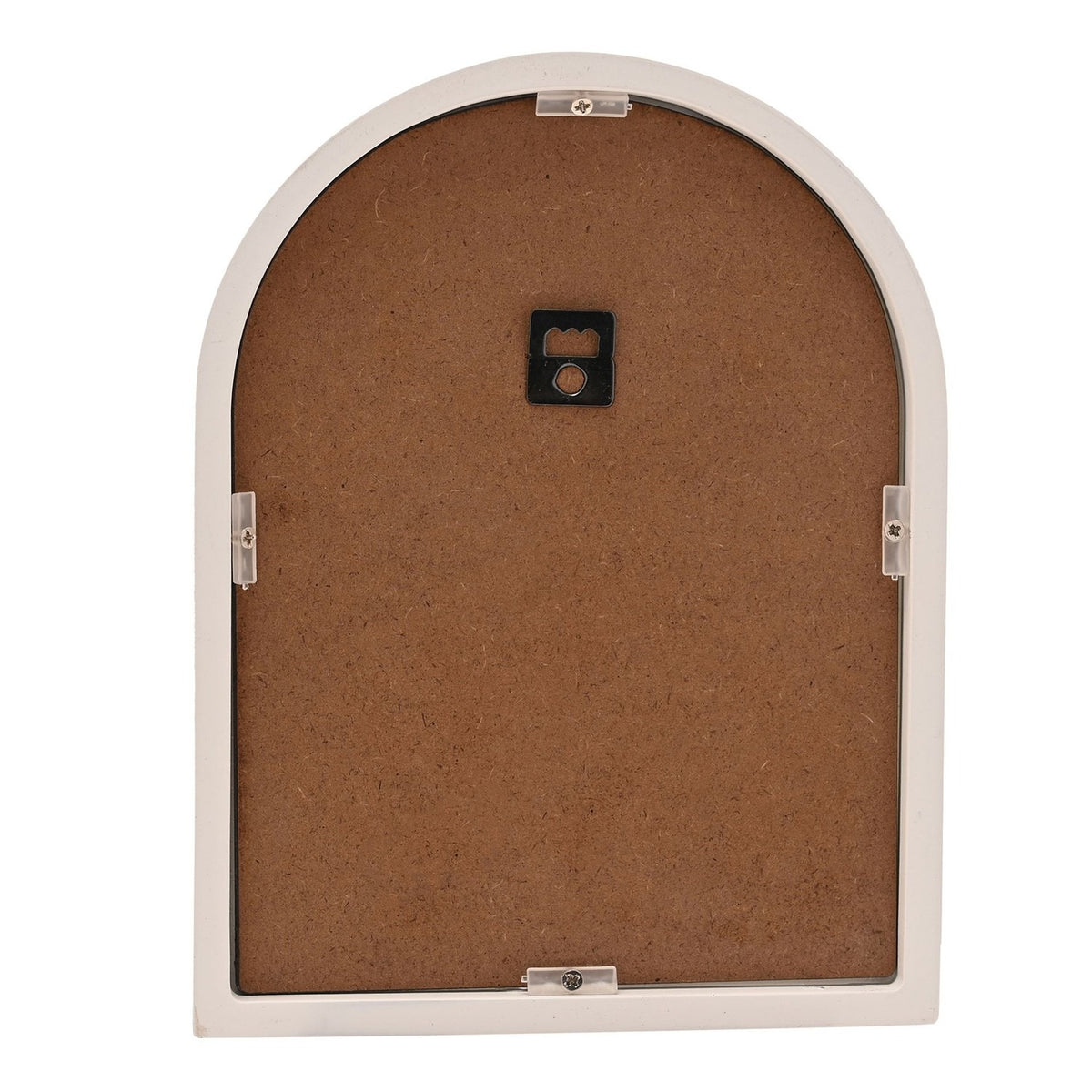Rear view of the Christening Arched Wooden Framed Plaque with Cross, showing white wooden frame, hardboard backing, hanging bracket, and support clips on a plain white background.