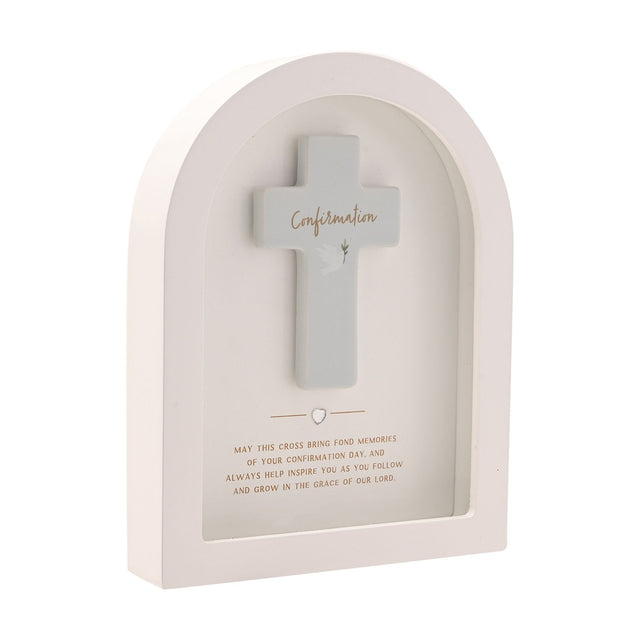 Arched white wooden plaque with a raised grey cross reading "Confirmation" in gold script, a dove motif, silver heart, and a printed verse below, set against a plain white background.