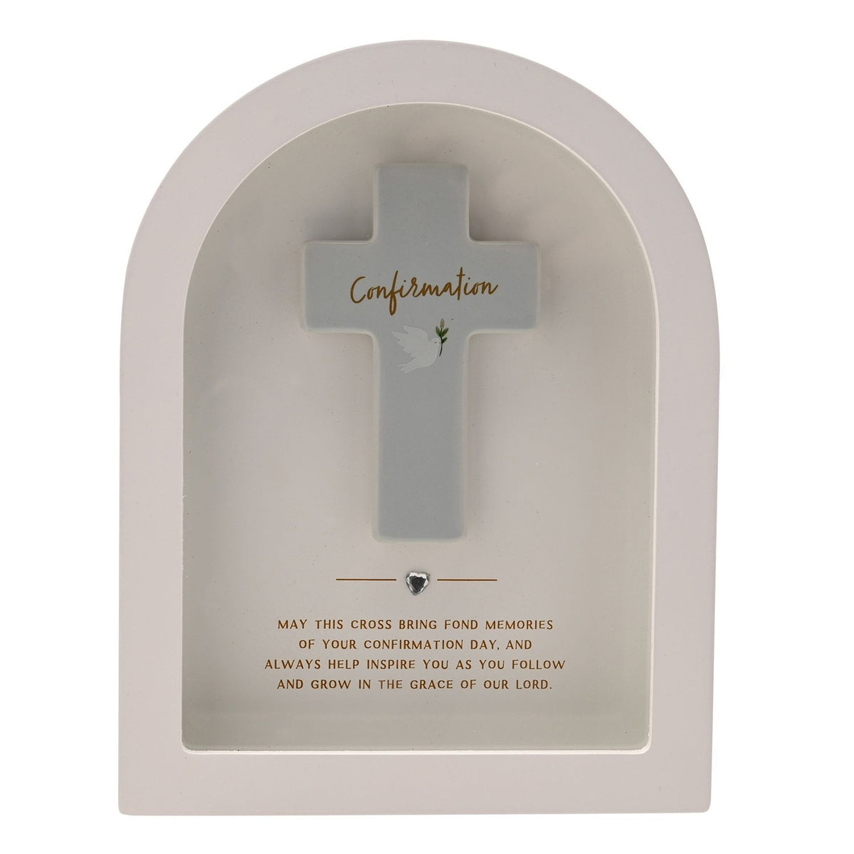 Arched white wooden plaque with a raised grey cross reading "Confirmation" in gold script, a dove and sprig motif, silver heart detail, and a gold verse below, on a plain background.