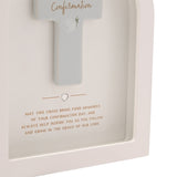 Arched white wooden Confirmation plaque with a raised grey cross, gold "Confirmation" script, a white dove, a silver heart, and a gold-printed verse beneath.