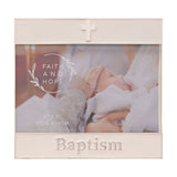 White enamel metal photo frame for 4x6 photo, with silver trim, a cross on the top band, and "Baptism" in raised silver lettering along the bottom.