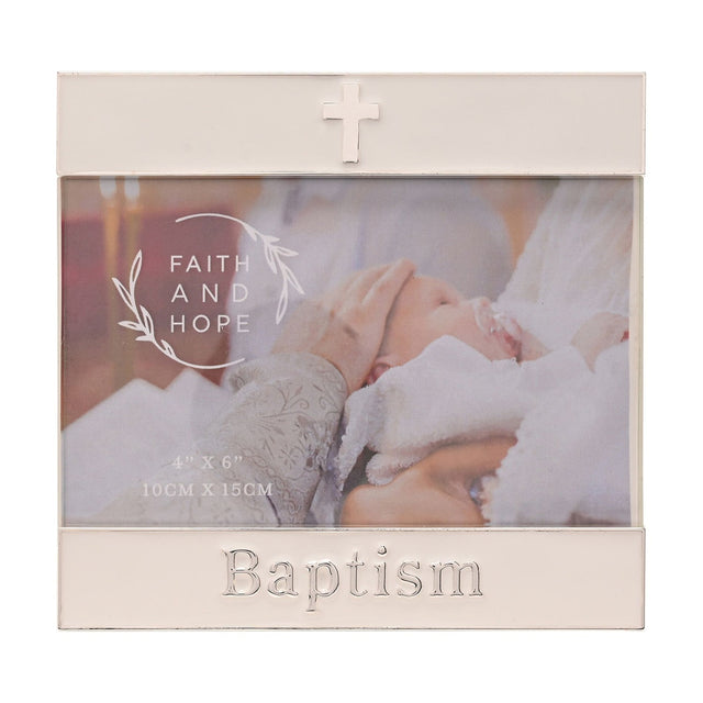 White enamel metal photo frame for 4x6 photo, with silver trim, a cross on the top band, and "Baptism" in raised silver lettering along the bottom.