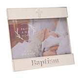 White enamel metal photo frame with silver trim, a small cross on the top band and "Baptism" in raised silver lettering on the bottom band, holding a 4x6 photo.
