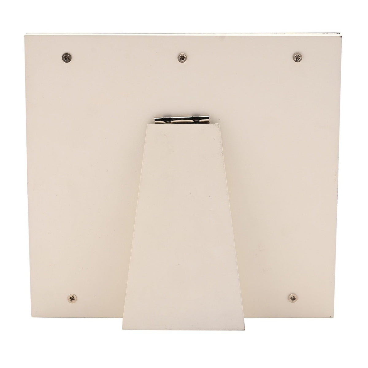 Rear view of the white enamel square photo frame showing the metal back panel, triangular fold-out stand, and four corner mounting screws on a plain background.