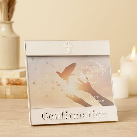 Confirmation Cross Enamel Metal Photo Frame - White & Silver