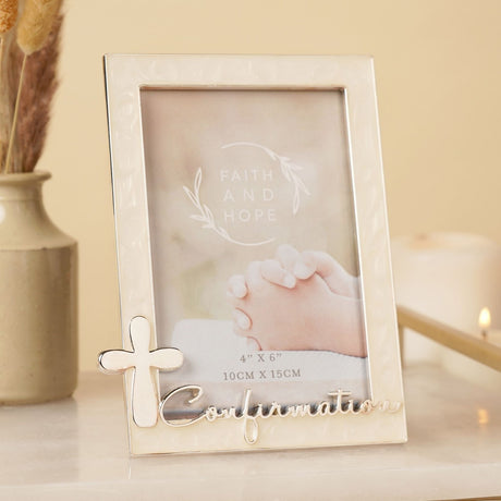 Confirmation Enamel Metal Photo Frame with Cross - Cream