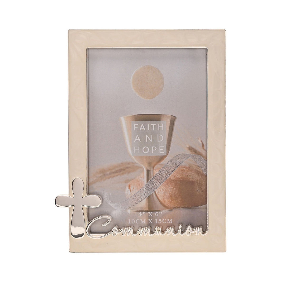 Cream enamel metal photo frame with silver trim, a raised silver cross and "Communion" script at the lower edge, holding a sample faith-themed photo, on a white background.