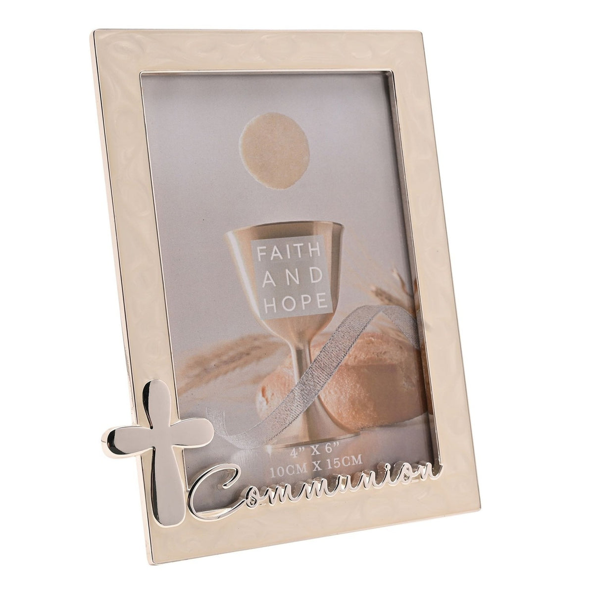 Cream enamel metal photo frame with silver trim, raised silver cross, and "Communion" script, holding a 4"x6" faith-themed image, on a plain white background.