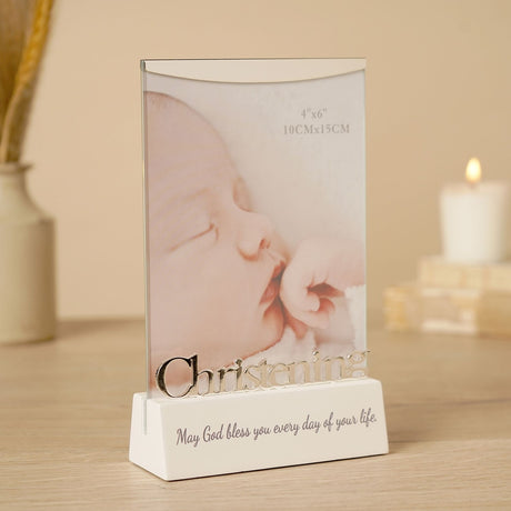 Christening Word Block Metal Photo Frame 6 x 4in - White & Silver