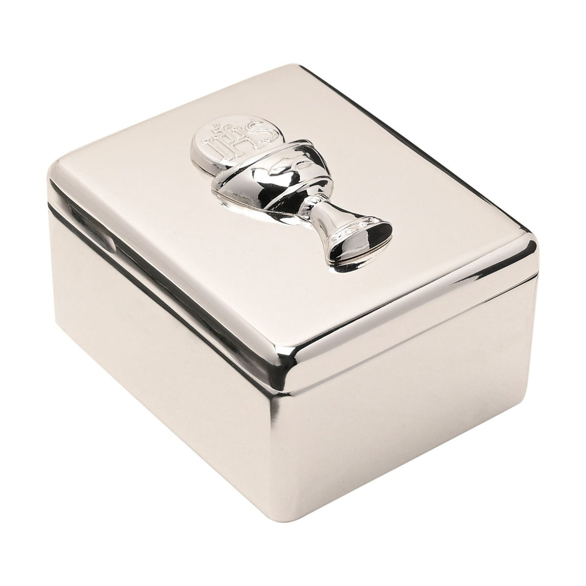 Rectangular silver metal keepsake box with rounded edges and fitted lid, featuring a raised chalice design holding an IHS host, shown on a plain white background.
