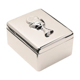 Rectangular silver metal keepsake box with rounded edges and fitted lid, featuring a raised chalice design holding an IHS host, shown on a plain white background.