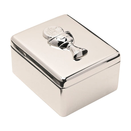Rectangular silver metal keepsake box with rounded edges and fitted lid, featuring a raised chalice design holding an IHS host, shown on a plain white background.