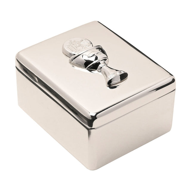 Rectangular silver metal keepsake box with rounded edges and fitted lid, featuring a raised chalice design holding an IHS host, shown on a plain white background.