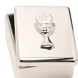Rectangular silver metal keepsake box with lift-off lid, featuring a raised chalice design and host marked "IHS" on the polished lid.