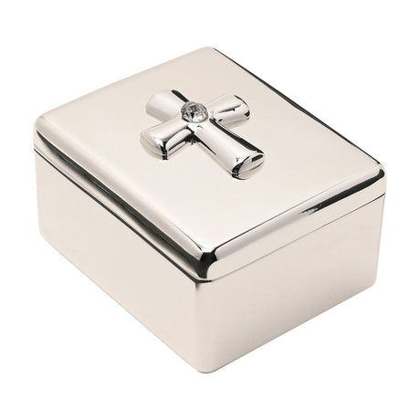 Rectangular silver metal keepsake box with a raised cross and clear centre stone on the lid, shown on a plain white background.