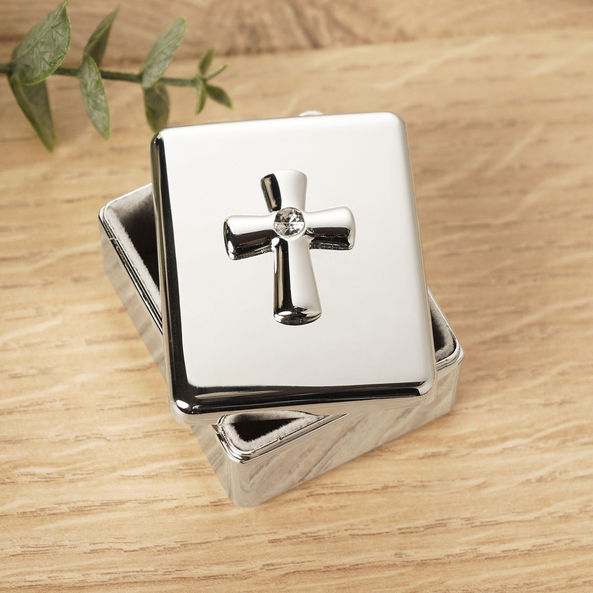 Raised Cross Metal Keepsake Box with Lined Interior - Silver