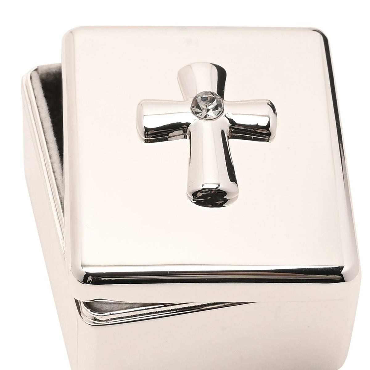 Raised Cross Metal Keepsake Box with Lined Interior - Silver