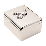 Rectangular silver metal keepsake box with a raised dove in relief on the polished lid, rounded corners, shown on a plain white background.