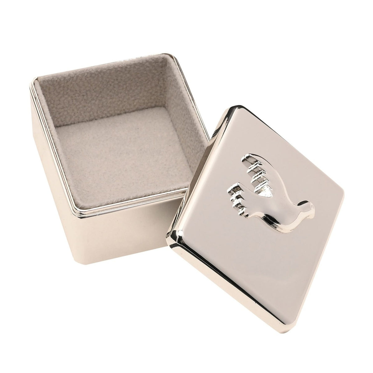 Rectangular silver metal keepsake box with a raised dove design on the polished lid, shown open to reveal a grey velvet-lined interior, on a white background.
