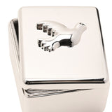 Rectangular silver metal keepsake box with a raised dove in relief on the polished lid, featuring rounded corners, shown in close-up against a plain white background.