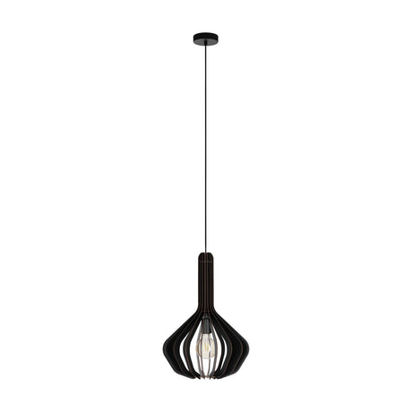Filbessa wooden pendant light with black slatted shade forming a tapered neck and rounded open cage around a single E27 bulb, black ceiling plate and cord, on a plain white background.